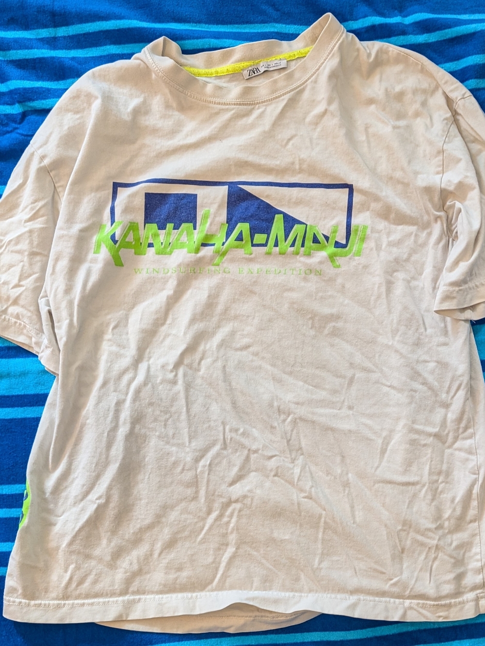 Zara Beige Tee with Neon Green and Navy Graphic